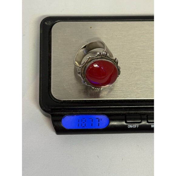 Vintage Red Coral Handmade Statement 925 Silver Ring Setting 18g Size 9 - Picture 11 of 12